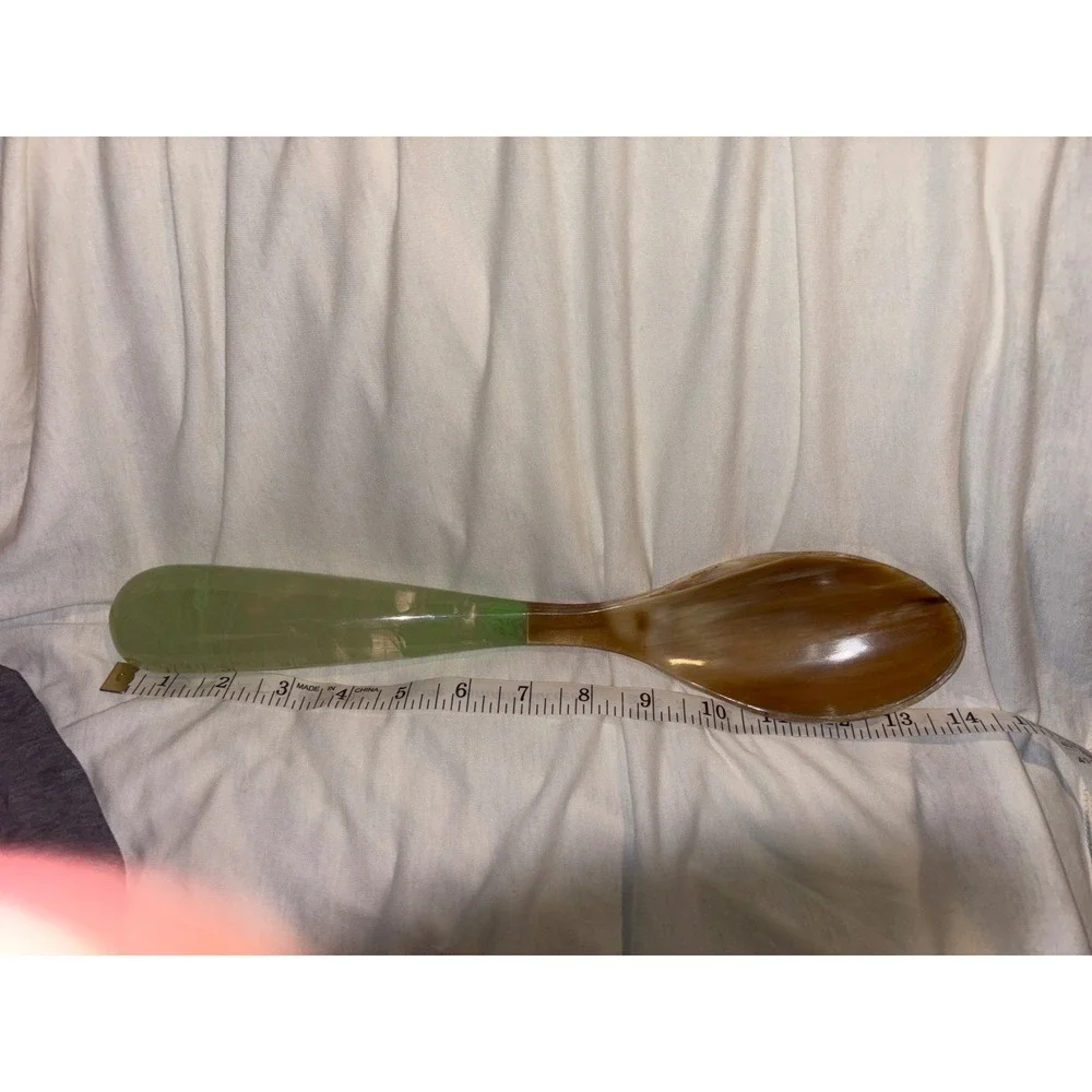 Vintage Style Marbled Green Resin and Faux Horn Large Serving Spoon 13.5 Inch